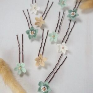 Pack de Horquillas Flores de Porcelana Verde Empolvado.